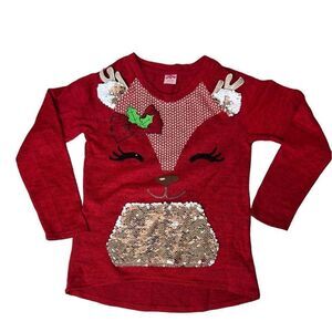 Holiday Time Christmas Reindeer Soft Knit Sweater Red Sequin Glitter sz 7-8